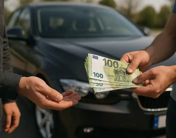 Ein zufriedener Kunde erhält beim Autoankauf in Schwerte eine Barauszahlung.